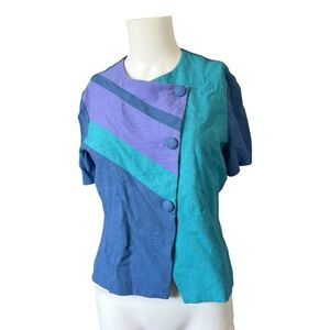 Vintage Leslie Fay Blue Colorblock Blouse Button Front Short Sleeve Size 10